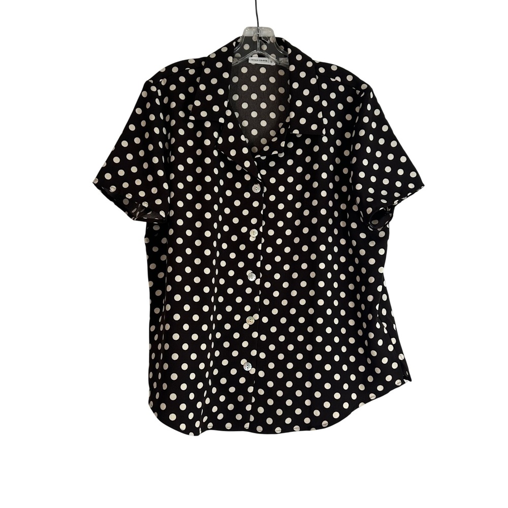 Susan Graver Black White Polka Dot Short Sleeve Button Up Blouse Large RN 87935